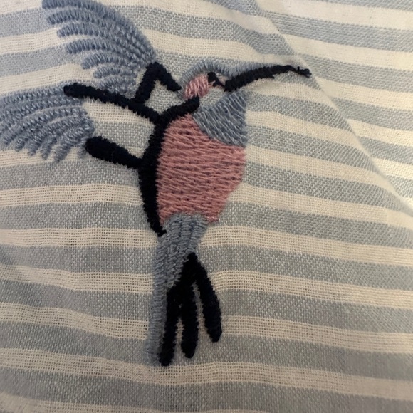 Talbots SINGING BIRDS NECKERCHIEF Blue and White Striped Scarf with Embroidery - Picture 3 of 5